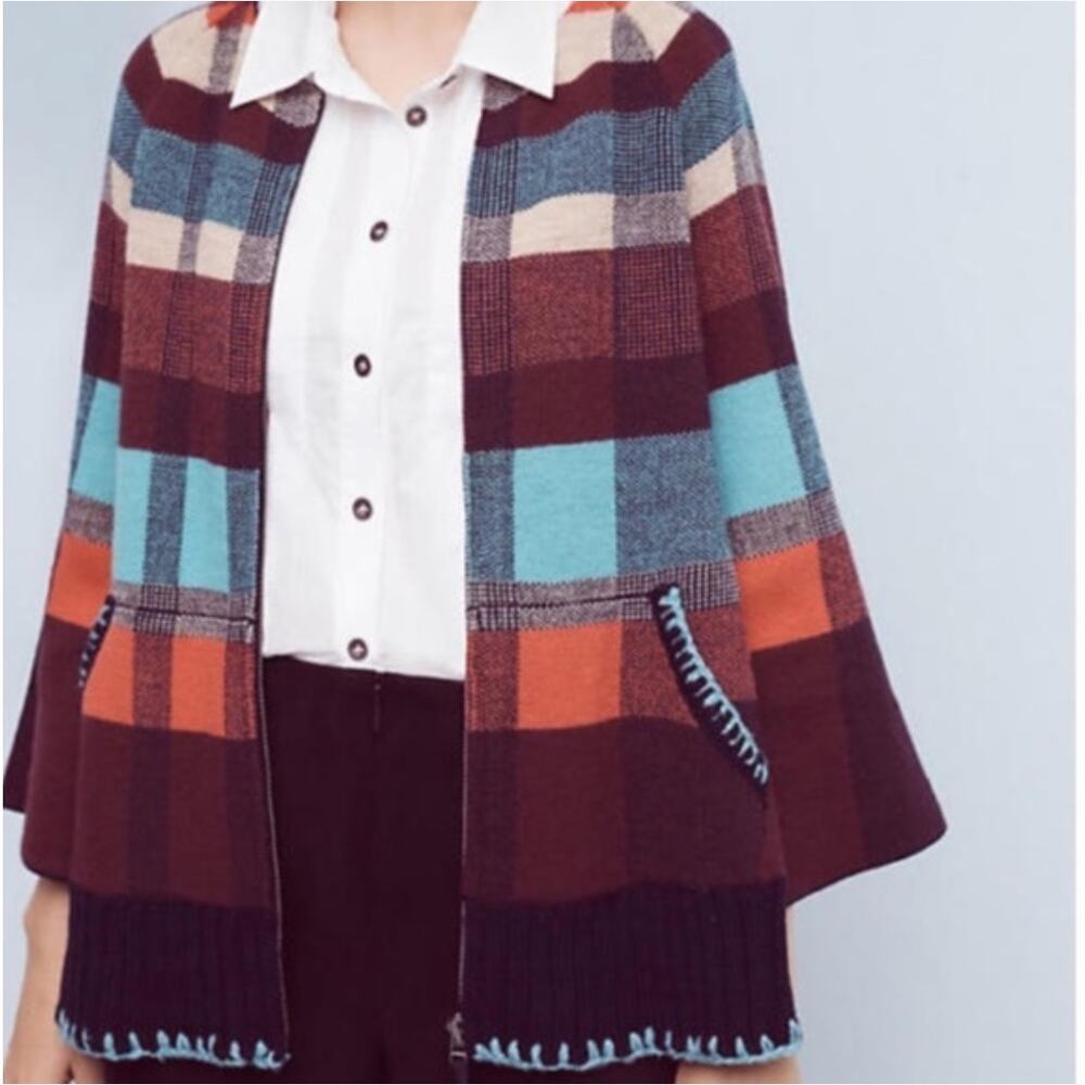 Anthropologie HWR Wool Blend Multicolor Plaid Sweater Cardigan Zip Up Jacket XS